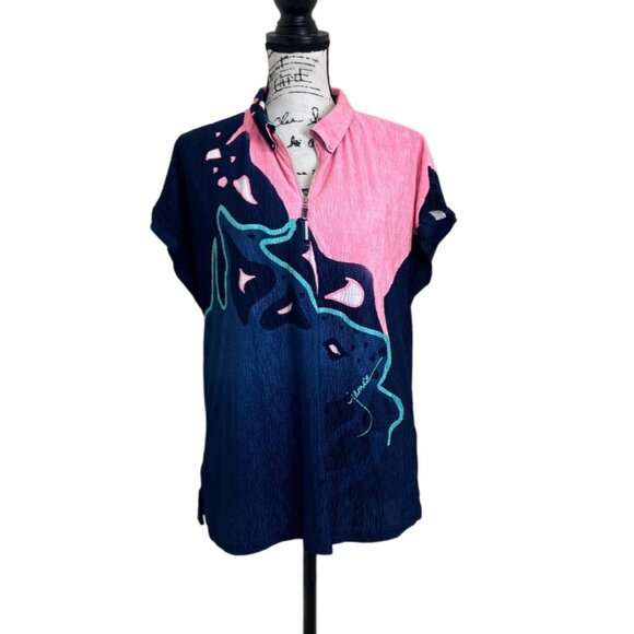 Jamie Sadock Women's Size M Top Abstract Print Zip Pink Blue Crinkle - Picture 1 of 7